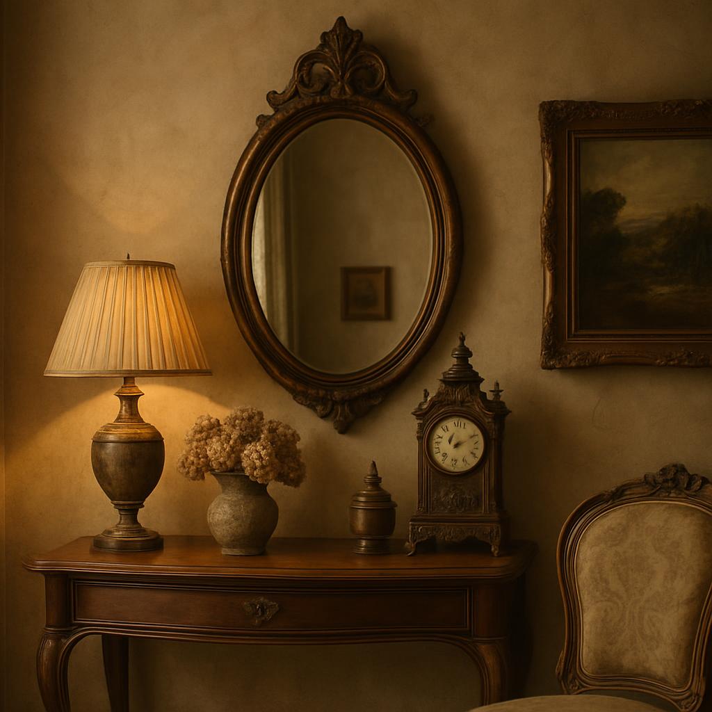 A vintage-style room with a mirror and table, a lamp, clock, flower arrangement, and a painting. The light is dimmed, crea...